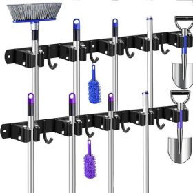 2-Pack Wall Mounted Metal Mop & Broom Holder – Tool Storage Rack with 4 Slots & 5 Hooks, Black