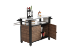 Outdoor Kitchen Wicker Island Rolling Cart & Storage Cabinet, Wheels and Stainless Steel Extended Table Top, Side Handle for Patio Kitchen or Bar Cart