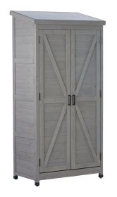 Outdoor Wooden Storage Shed with Metal Top Tall Vertical Tool Cabinet for Backyard Garden Patio Lawn